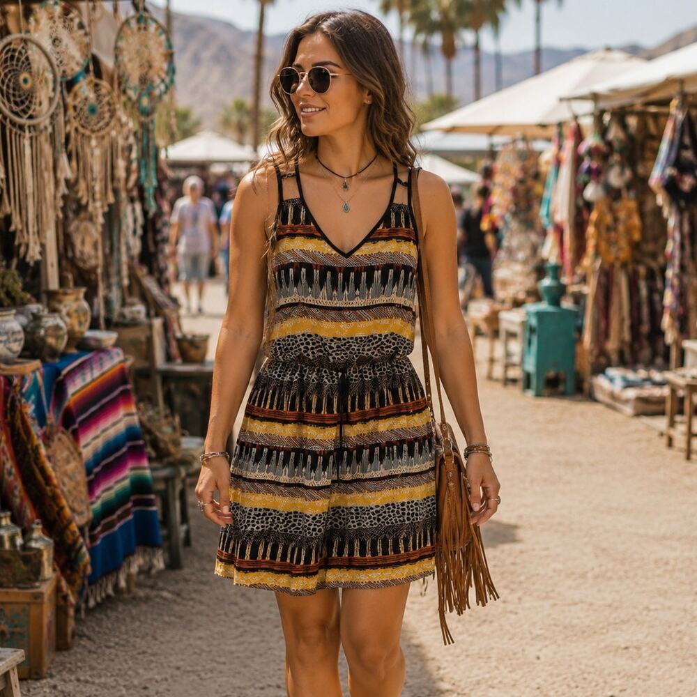 Y2K Mixed Geo Print Cage Strap Mini Dress Small Babydoll Festival Boho Indie